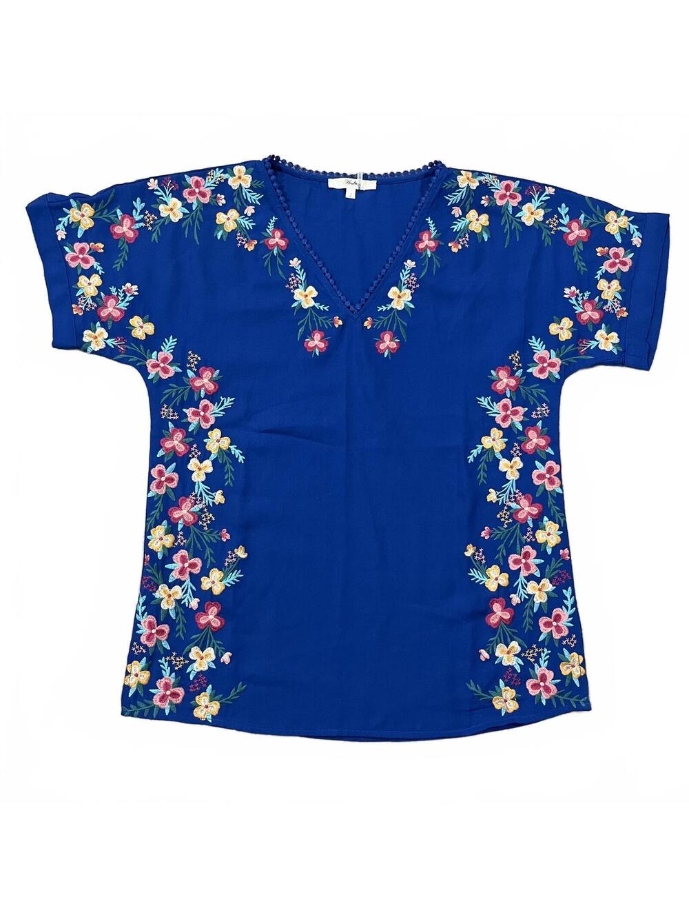 Andree By Unit Blue Floral Embroidered V Neck Blouse Top Size Small
